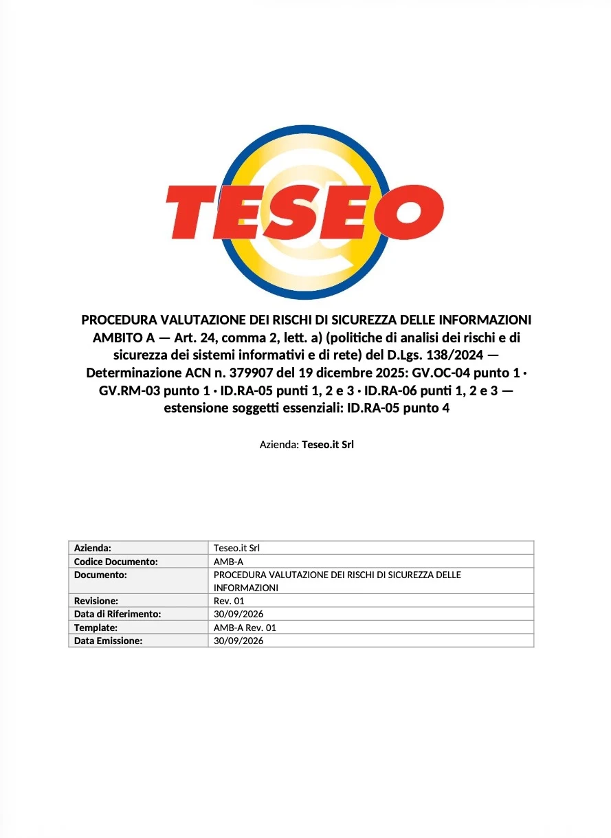 Frontespizio del documento di ambito A generato dalla piattaforma: procedura di valutazione dei rischi, con i riferimenti all’art. 24 del D.Lgs. 138/2024 e ai punti delle misure ACN, codice, revisione e date