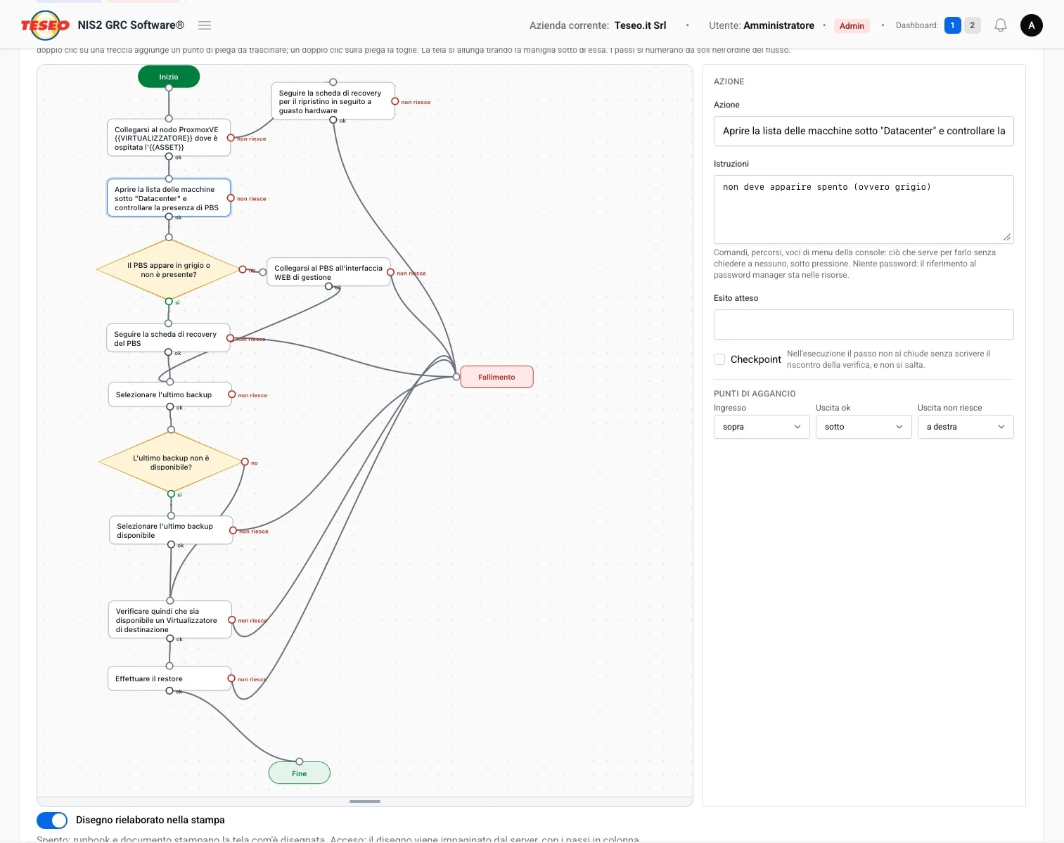 Editor grafico di una scheda di recovery: diagramma di flusso con azioni, decisioni ed esiti, e pannello di modifica del passo selezionato